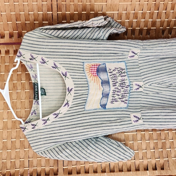 Papy Boez, Vintage Embroidered Sunset Prairie Long Length Tie-Up Striped Dress - Picture 2 of 7